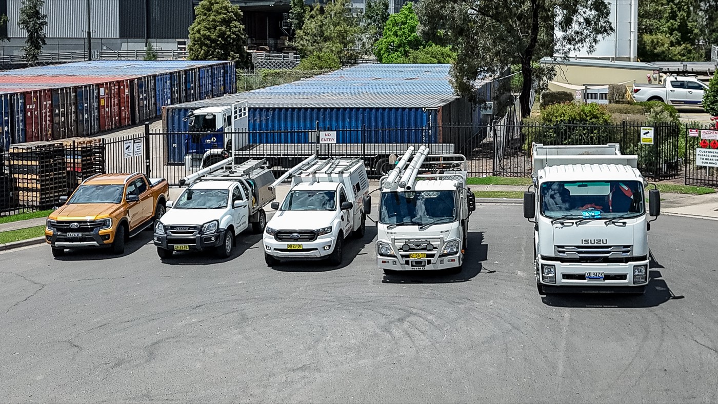 Aerial view of a fleet lined up at an industrial yard in Western Sydney